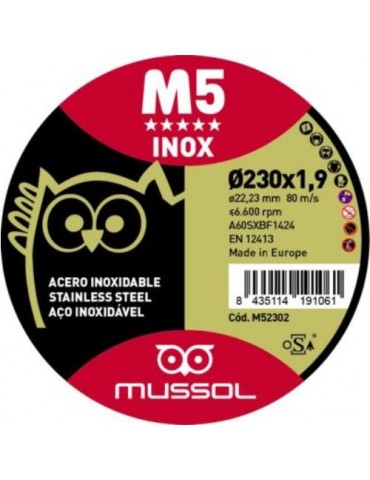 DISCO M5 CORTE EXTRAFINO INOX 230x1.9 EJE 22.23
