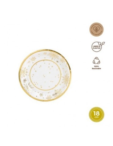 PLATO REDONDO CARTON 18CM BLANCO Y ORO 8UDS 7674